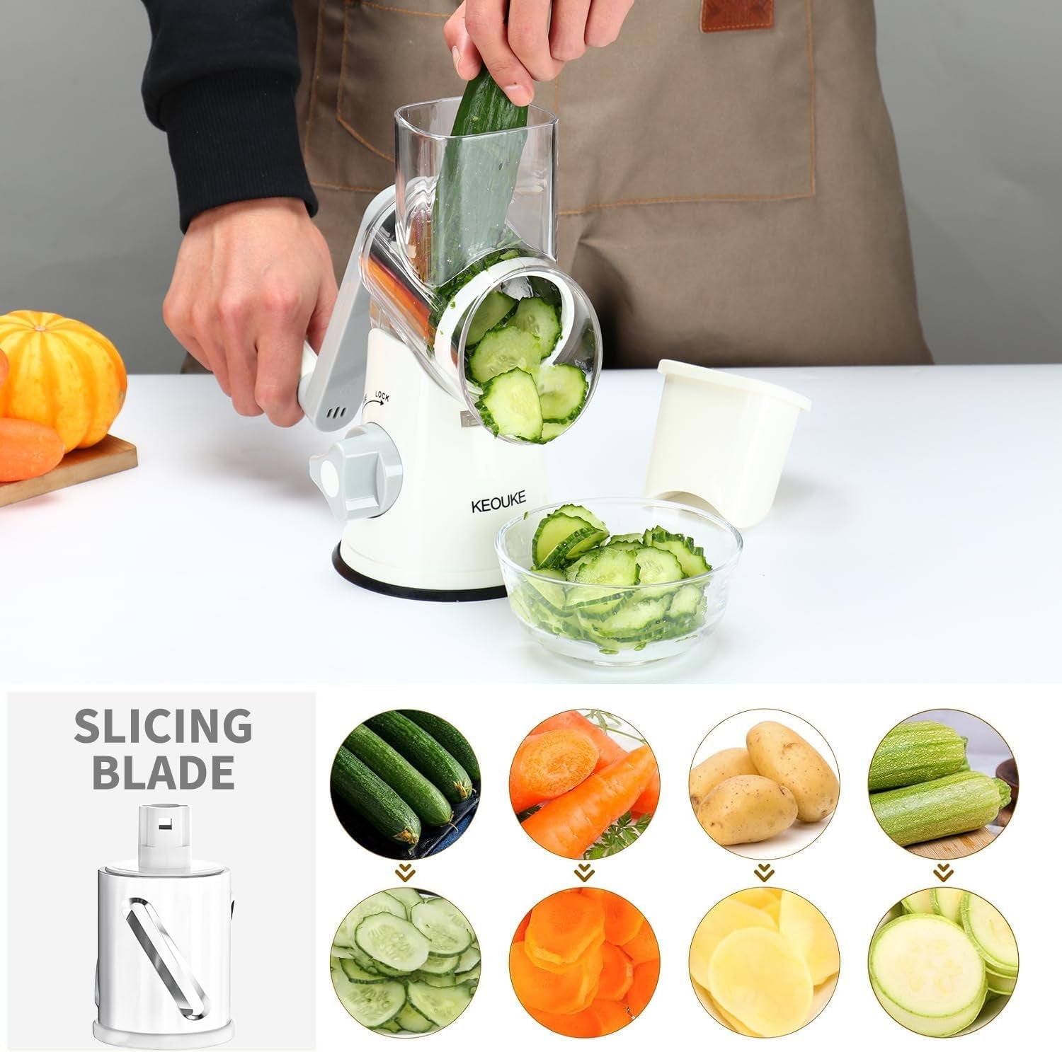 Rotary Cheese Grater Cheese Shredder - round Mandoline Slicer Vegetable Slicer Walnuts Grinder with Strong-Hold Suction Cup Base and Cleaning Brush