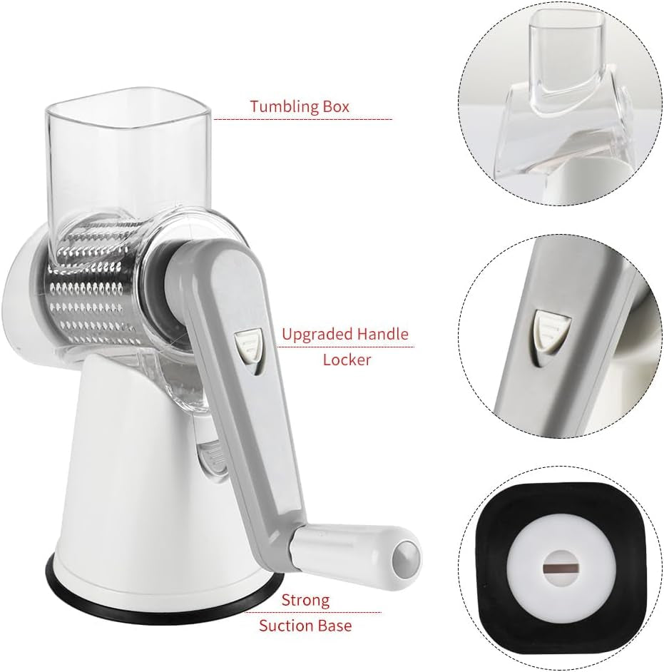 Rotary Cheese Grater Cheese Shredder - round Mandoline Slicer Vegetable Slicer Walnuts Grinder with Strong-Hold Suction Cup Base and Cleaning Brush