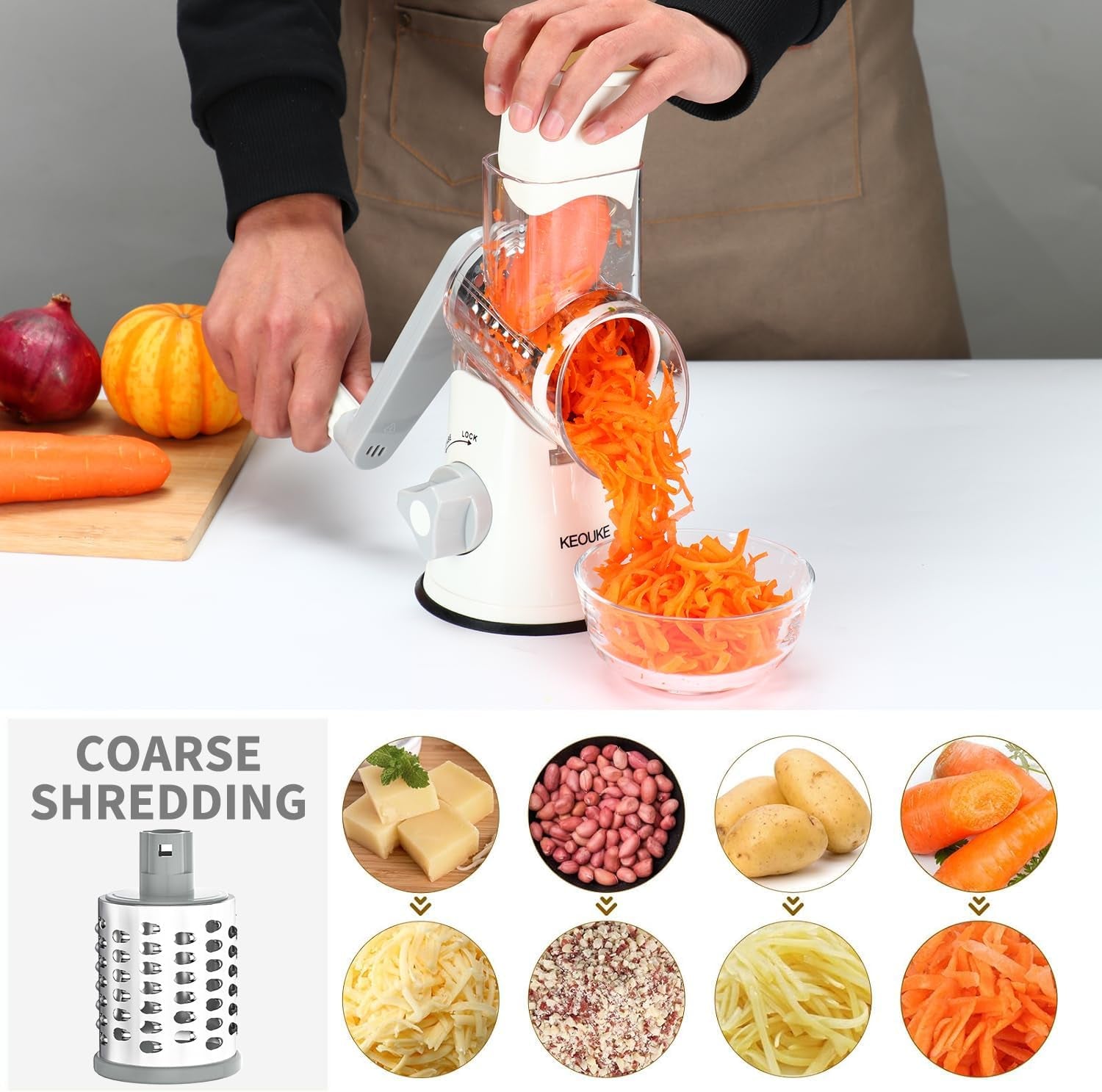 Rotary Cheese Grater Cheese Shredder - round Mandoline Slicer Vegetable Slicer Walnuts Grinder with Strong-Hold Suction Cup Base and Cleaning Brush