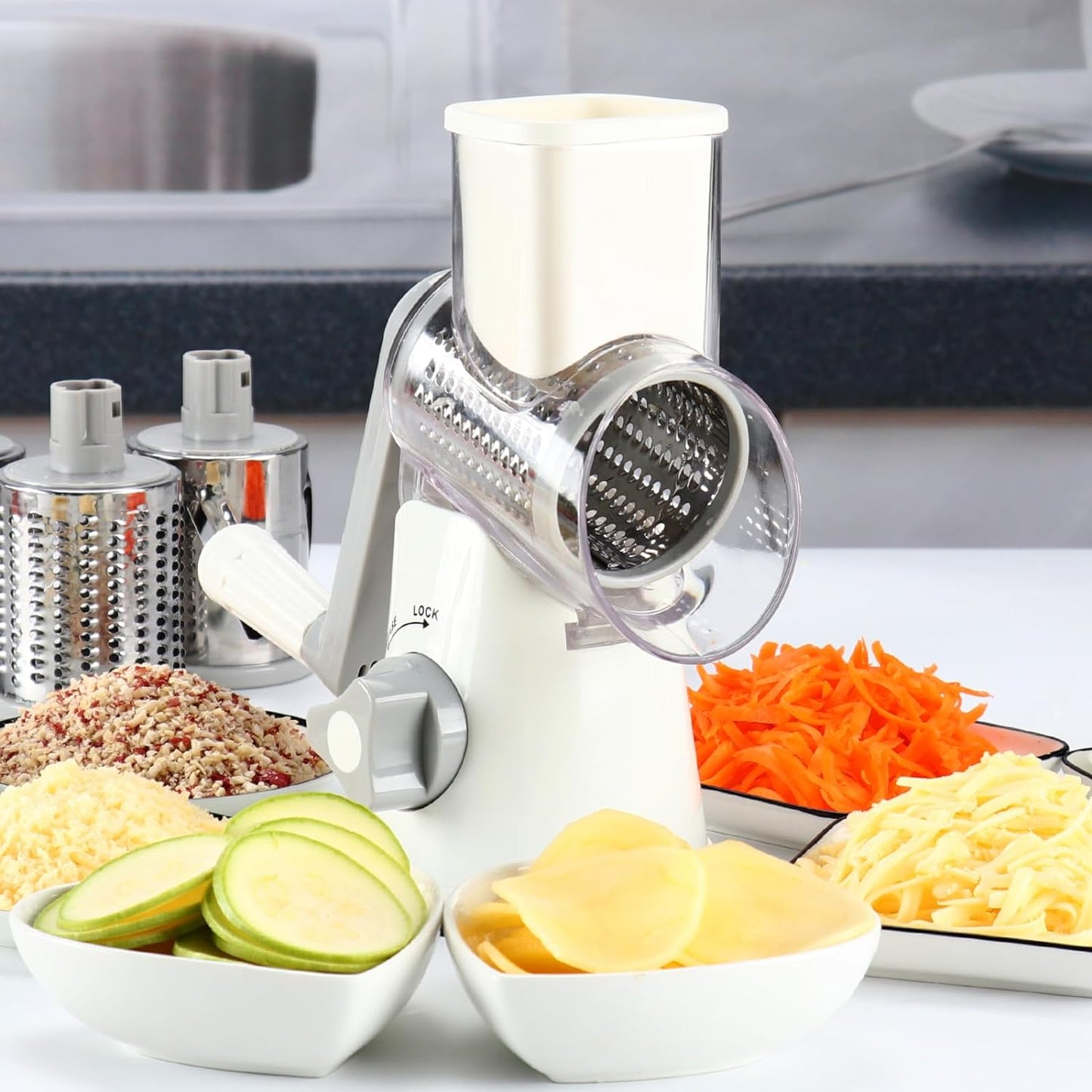 Rotary Cheese Grater Cheese Shredder - round Mandoline Slicer Vegetable Slicer Walnuts Grinder with Strong-Hold Suction Cup Base and Cleaning Brush
