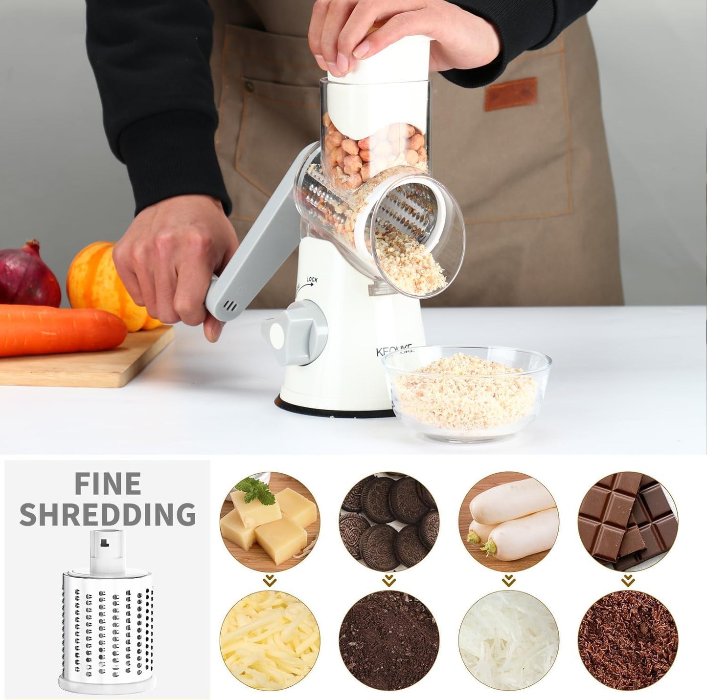 Rotary Cheese Grater Cheese Shredder - round Mandoline Slicer Vegetable Slicer Walnuts Grinder with Strong-Hold Suction Cup Base and Cleaning Brush