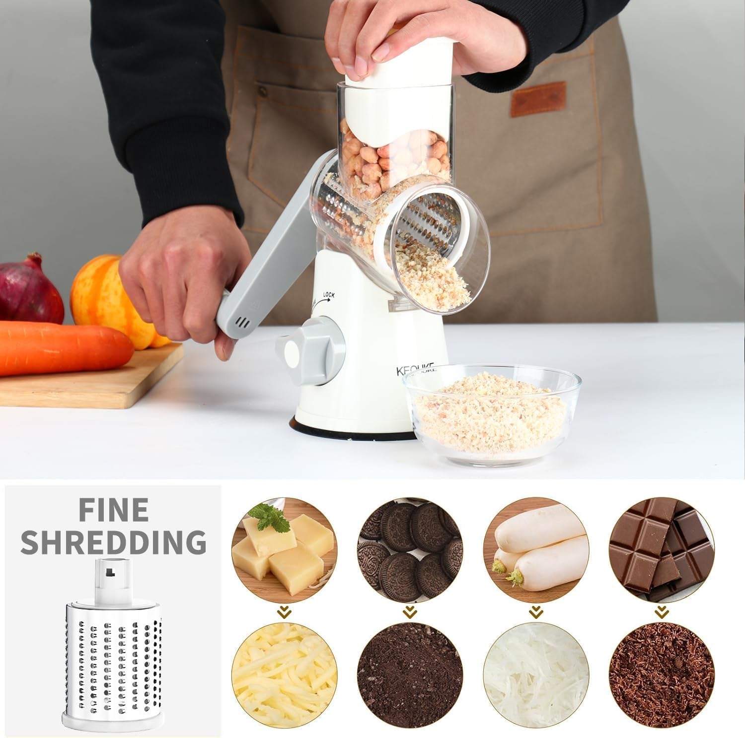 Rotary Cheese Grater Cheese Shredder - round Mandoline Slicer Vegetable Slicer Walnuts Grinder with Strong-Hold Suction Cup Base and Cleaning Brush