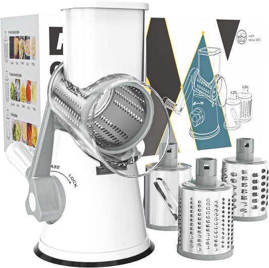 Rotary Cheese Grater Cheese Shredder - round Mandoline Slicer Vegetable Slicer Walnuts Grinder with Strong-Hold Suction Cup Base and Cleaning Brush