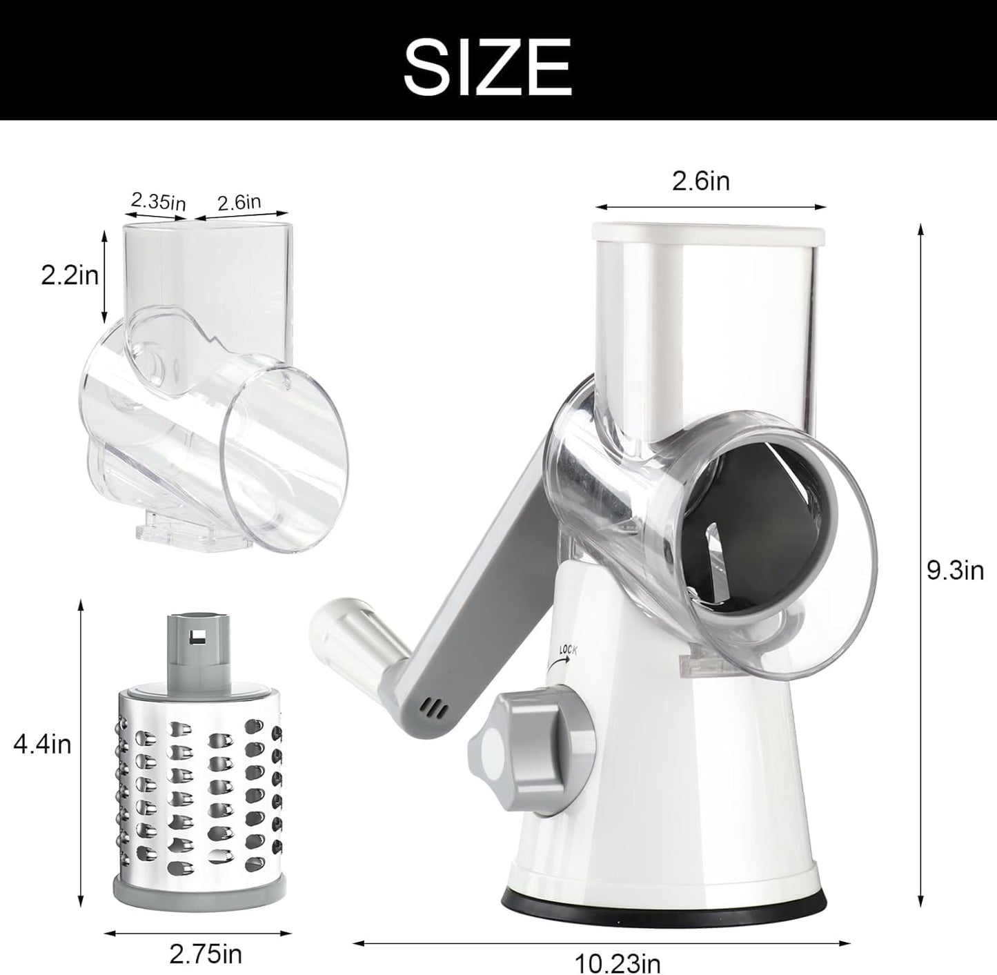 Rotary Cheese Grater Cheese Shredder - round Mandoline Slicer Vegetable Slicer Walnuts Grinder with Strong-Hold Suction Cup Base and Cleaning Brush